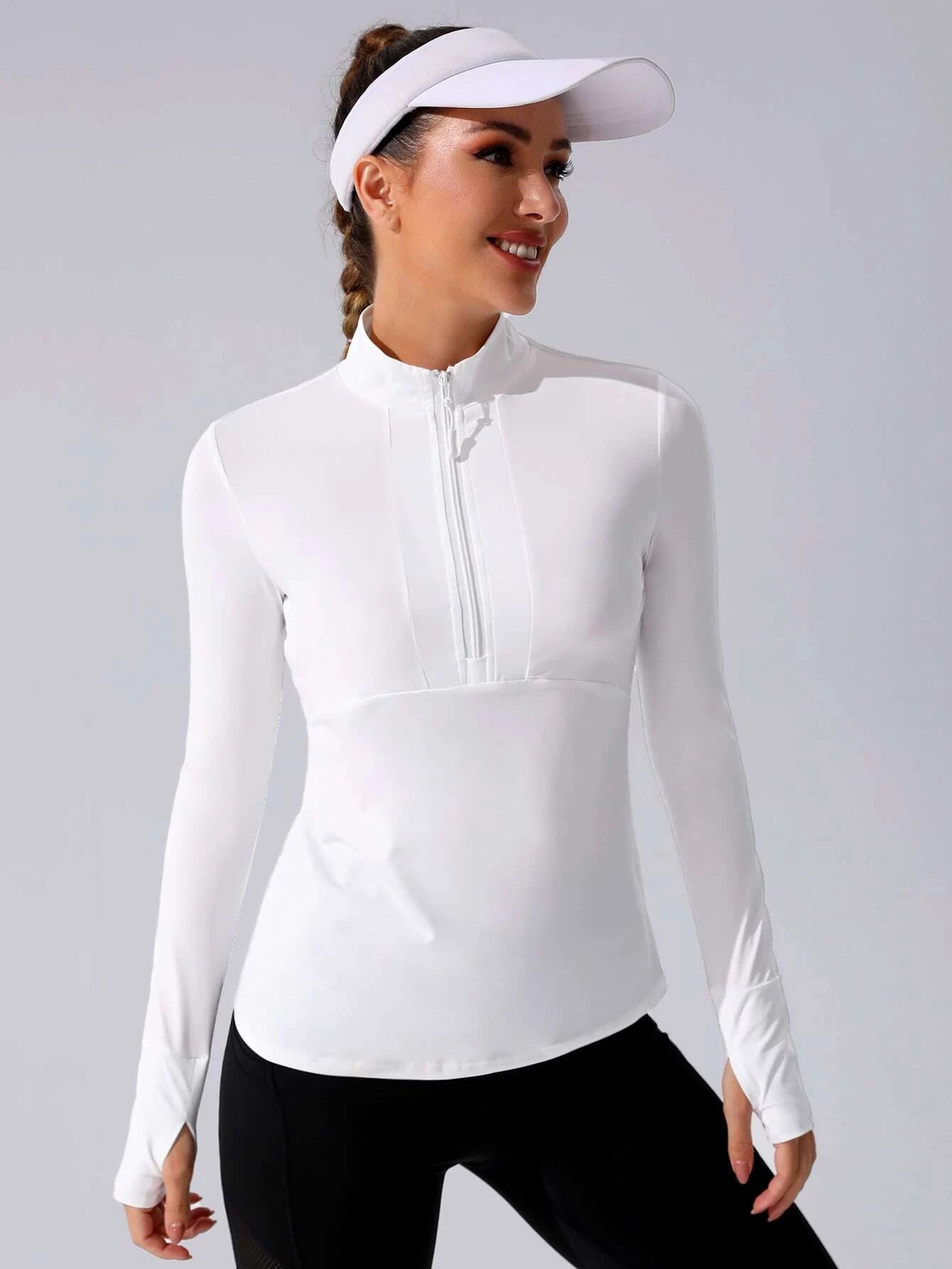 Stand Collar Half Zipper Sports Long Sleeve Running Jacket with Thumbholes