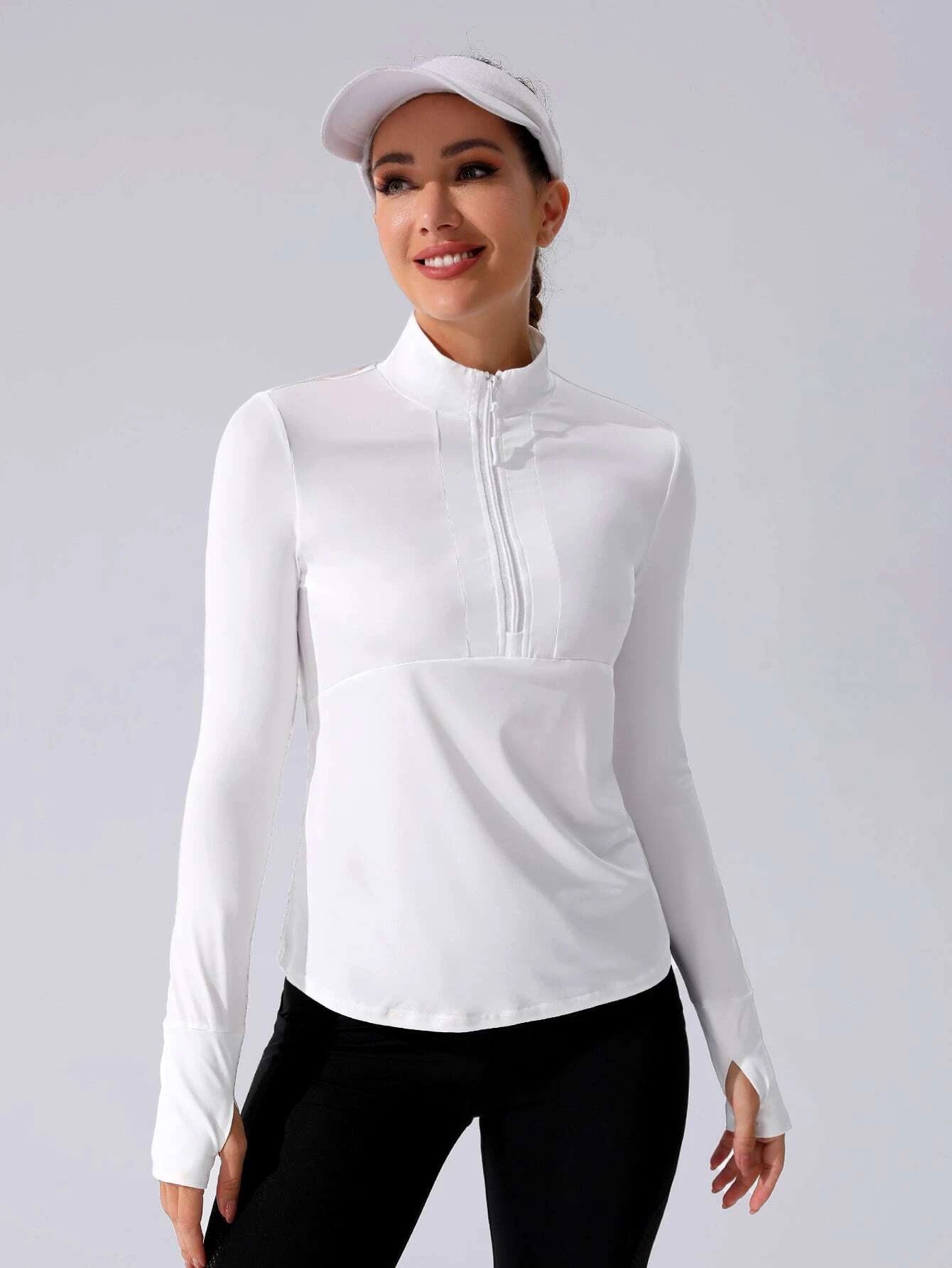 Stand Collar Half Zipper Sports Long Sleeve Running Jacket with Thumbholes