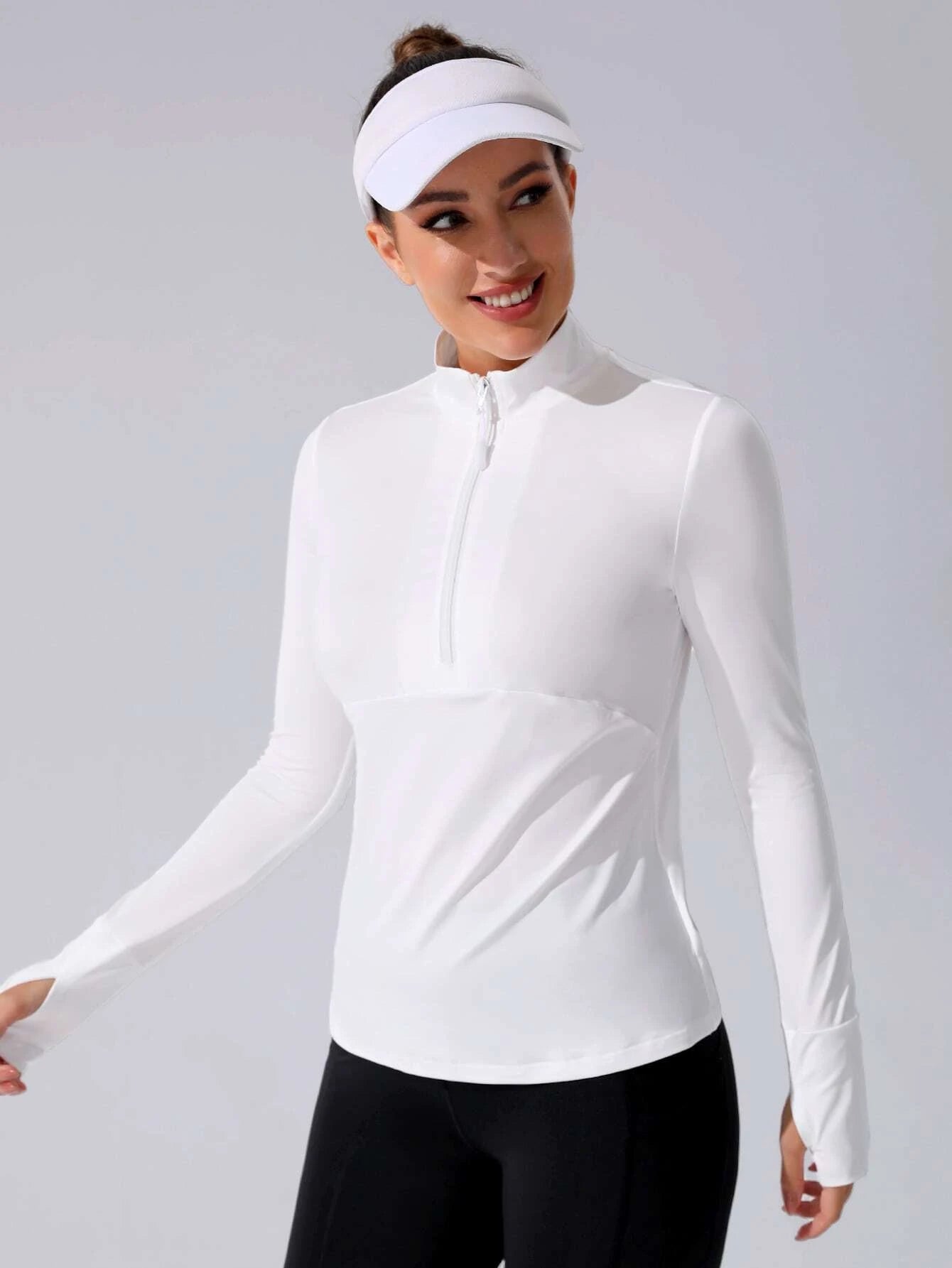 Stand Collar Half Zipper Sports Long Sleeve Running Jacket with Thumbholes