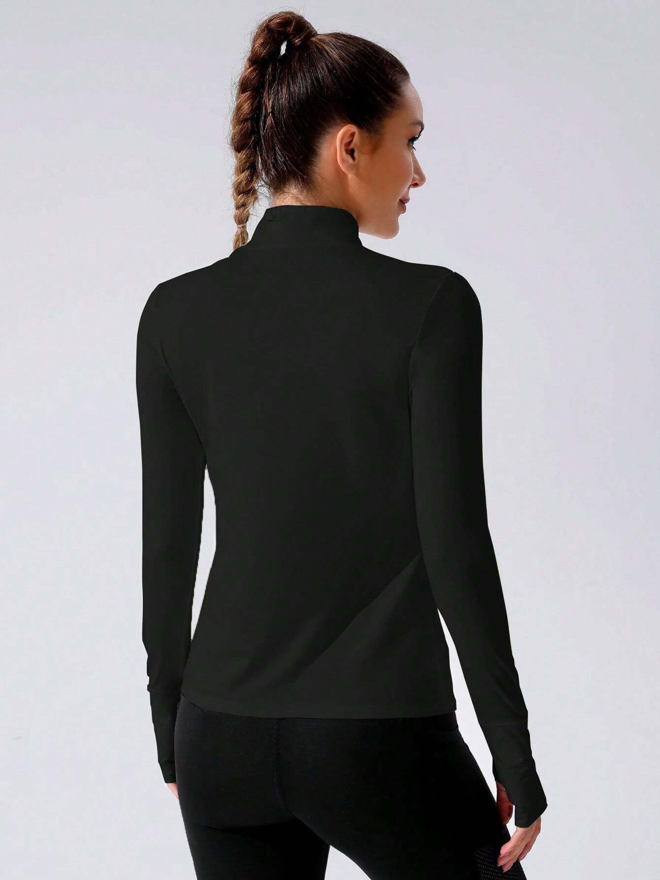 Stand Collar Half Zipper Sports Long Sleeve Running Jacket with Thumbholes