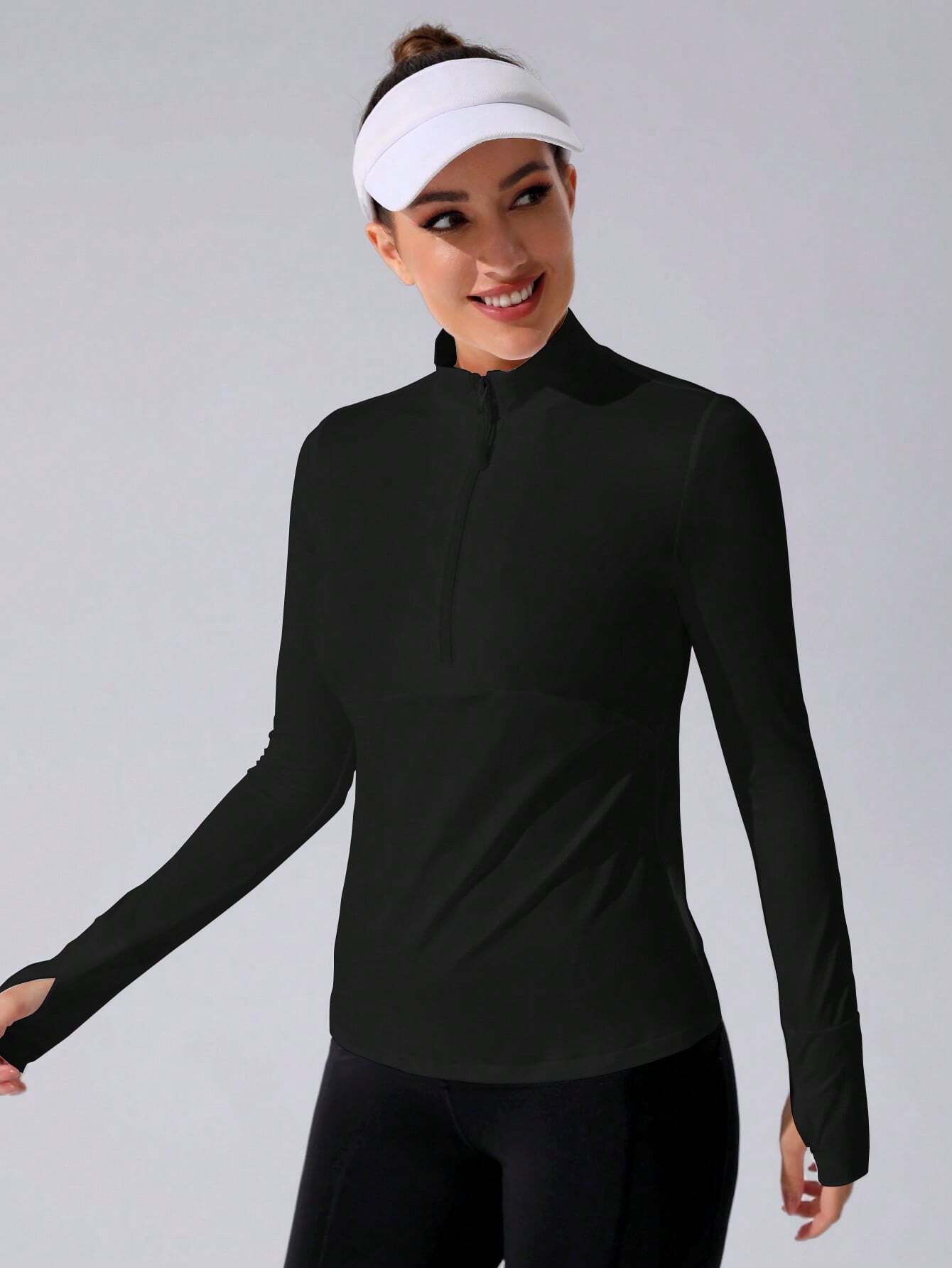 Stand Collar Half Zipper Sports Long Sleeve Running Jacket with Thumbholes