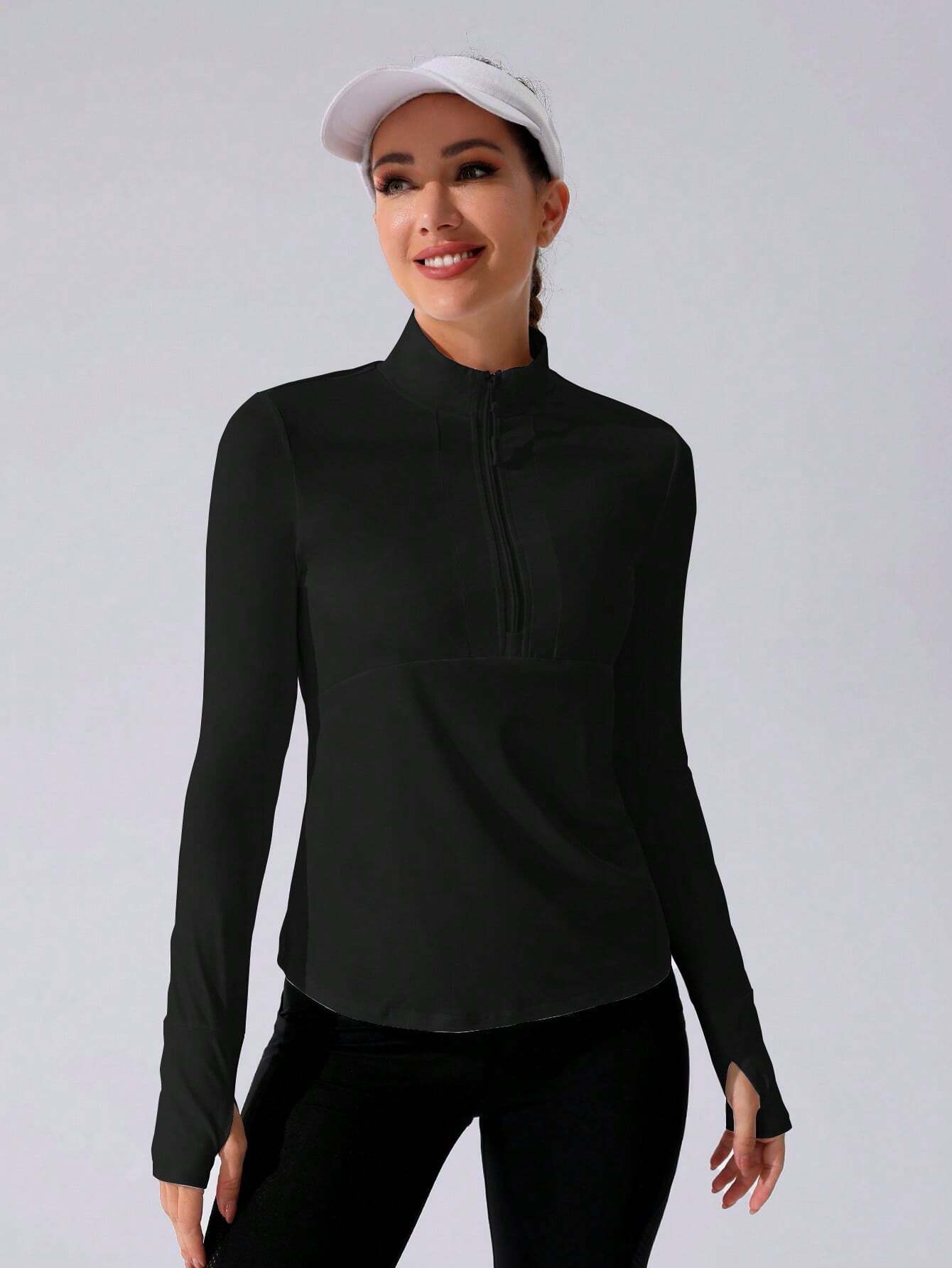 Stand Collar Half Zipper Sports Long Sleeve Running Jacket with Thumbholes