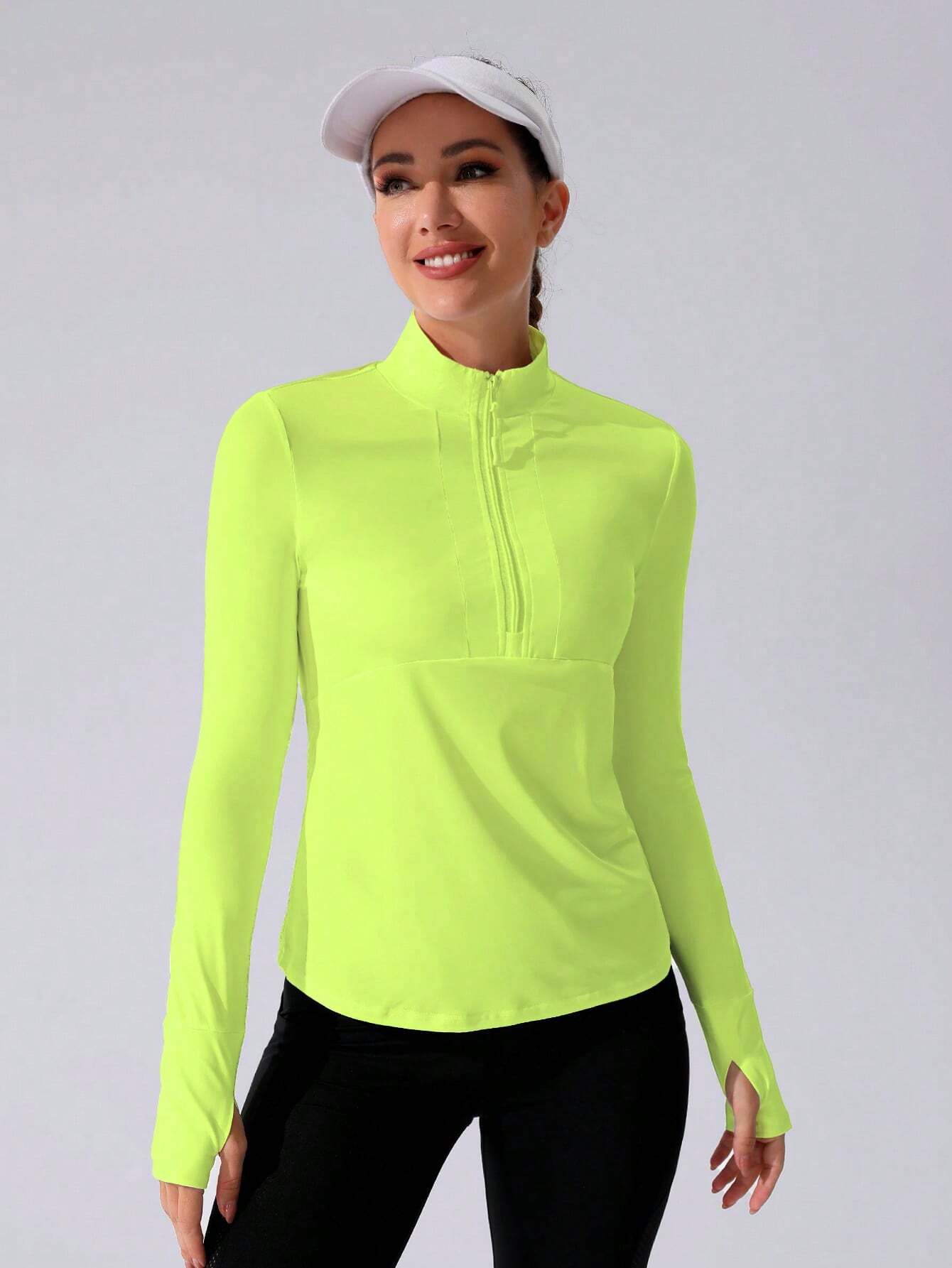 Stand Collar Half Zipper Sports Long Sleeve Running Jacket with Thumbholes