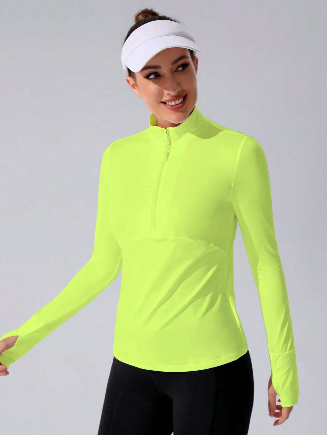 Stand Collar Half Zipper Sports Long Sleeve Running Jacket with Thumbholes