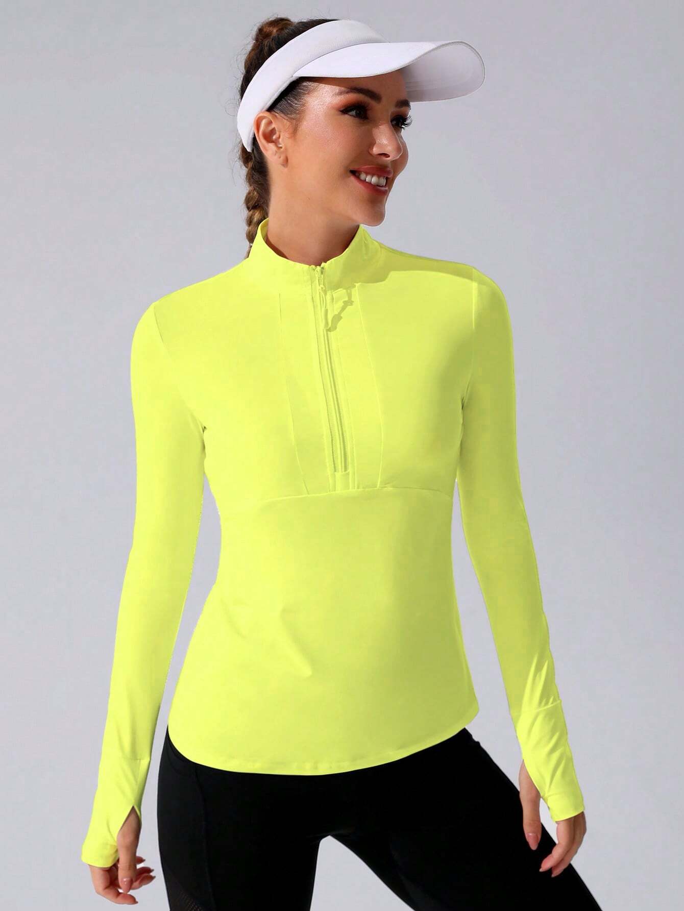 Stand Collar Half Zipper Sports Long Sleeve Running Jacket with Thumbholes