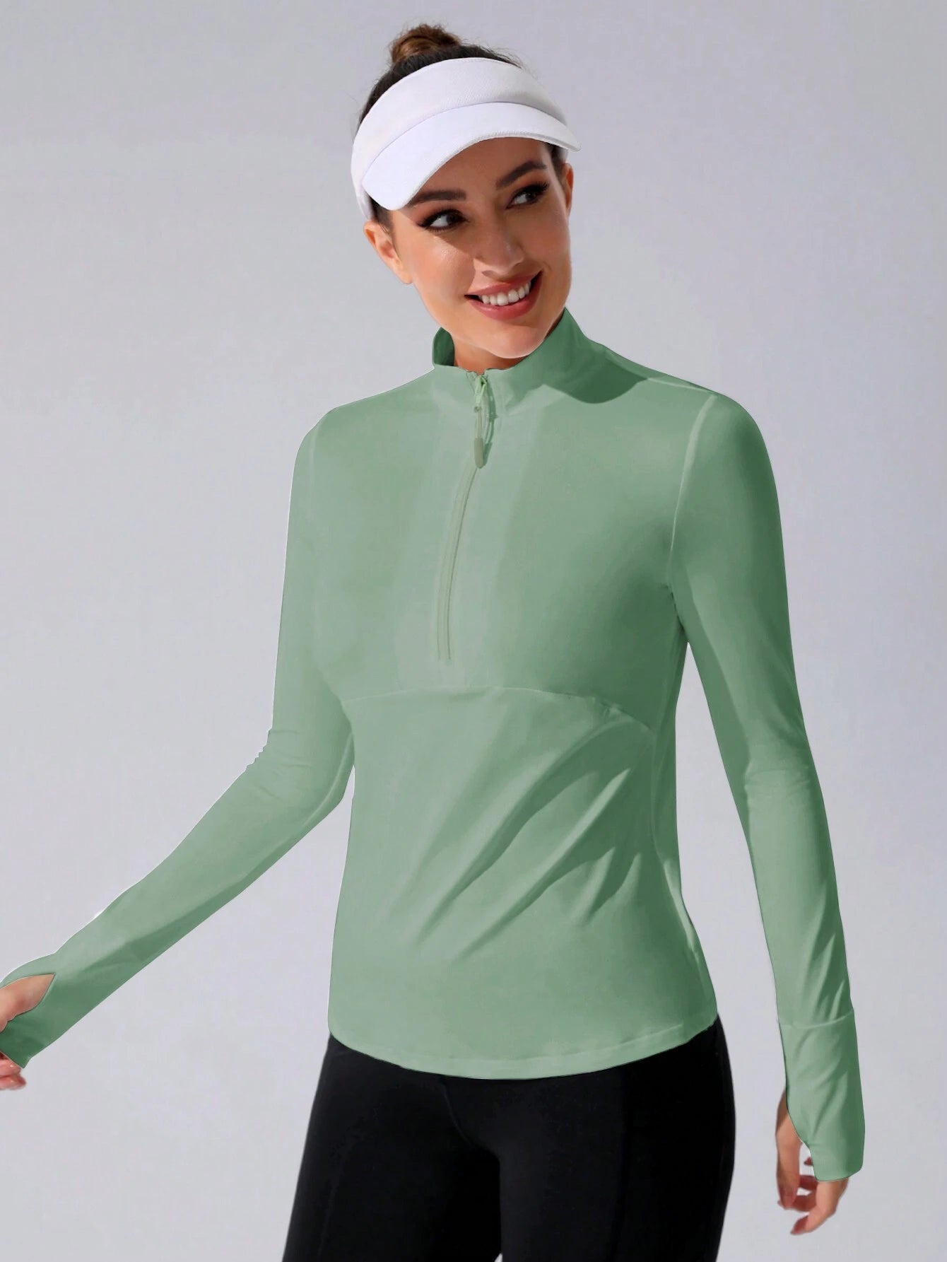 Stand Collar Half Zipper Sports Long Sleeve Running Jacket with Thumbholes