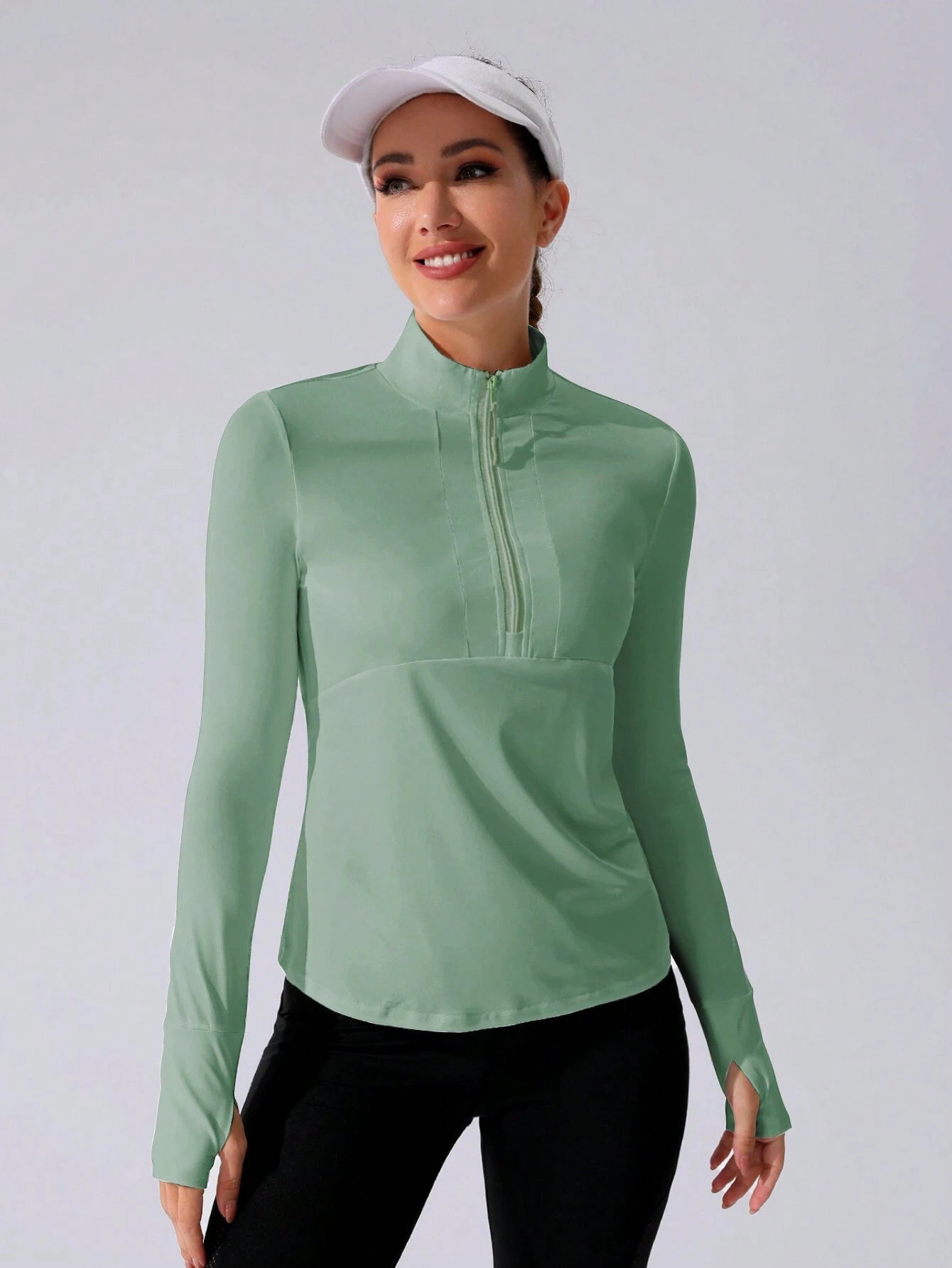 Stand Collar Half Zipper Sports Long Sleeve Running Jacket with Thumbholes