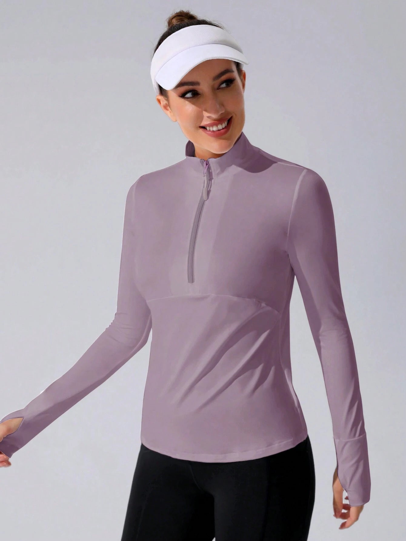 Stand Collar Half Zipper Sports Long Sleeve Running Jacket with Thumbholes