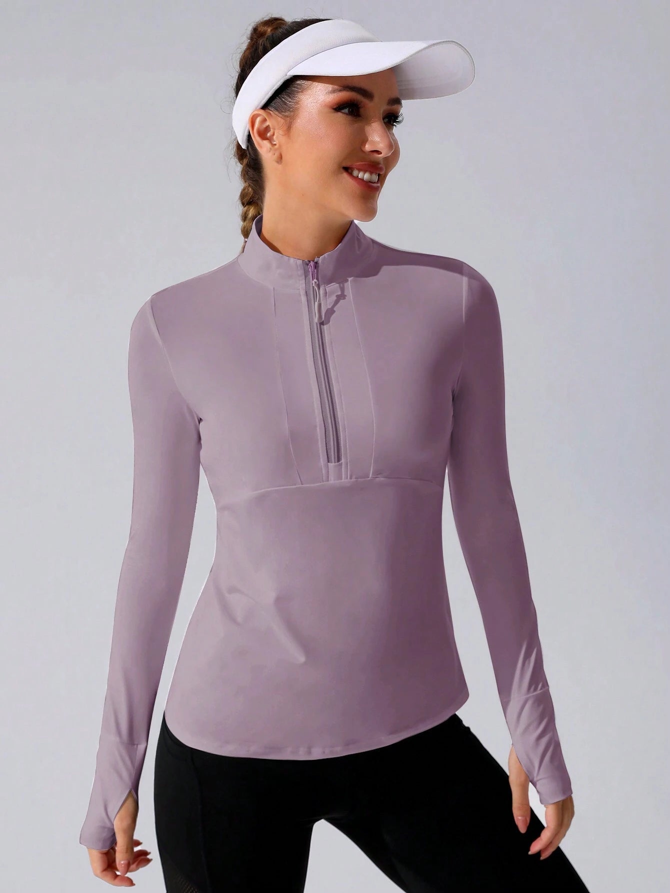 Stand Collar Half Zipper Sports Long Sleeve Running Jacket with Thumbholes