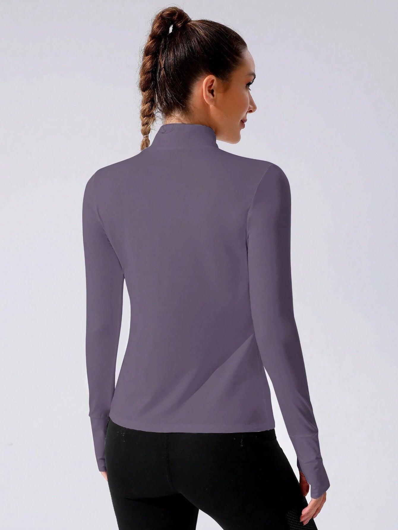 Stand Collar Half Zipper Sports Long Sleeve Running Jacket with Thumbholes