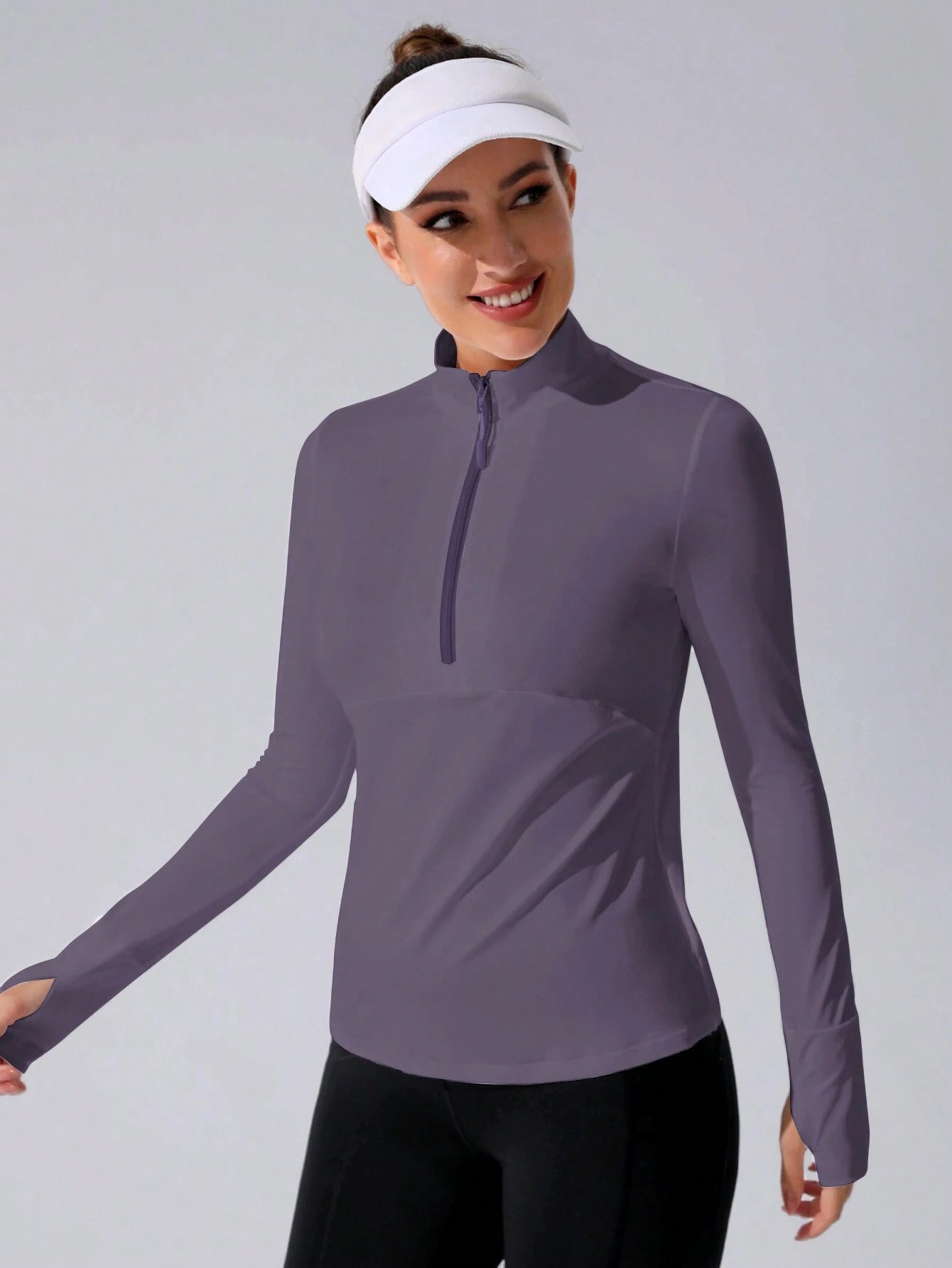 Stand Collar Half Zipper Sports Long Sleeve Running Jacket with Thumbholes