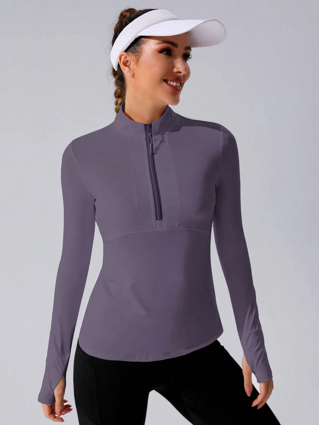 Stand Collar Half Zipper Sports Long Sleeve Running Jacket with Thumbholes