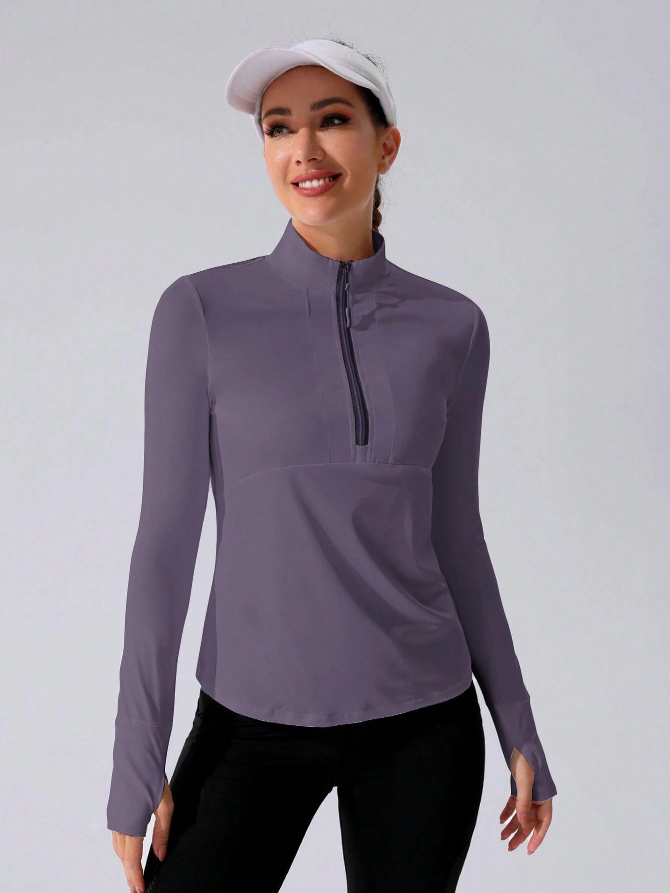 Stand Collar Half Zipper Sports Long Sleeve Running Jacket with Thumbholes