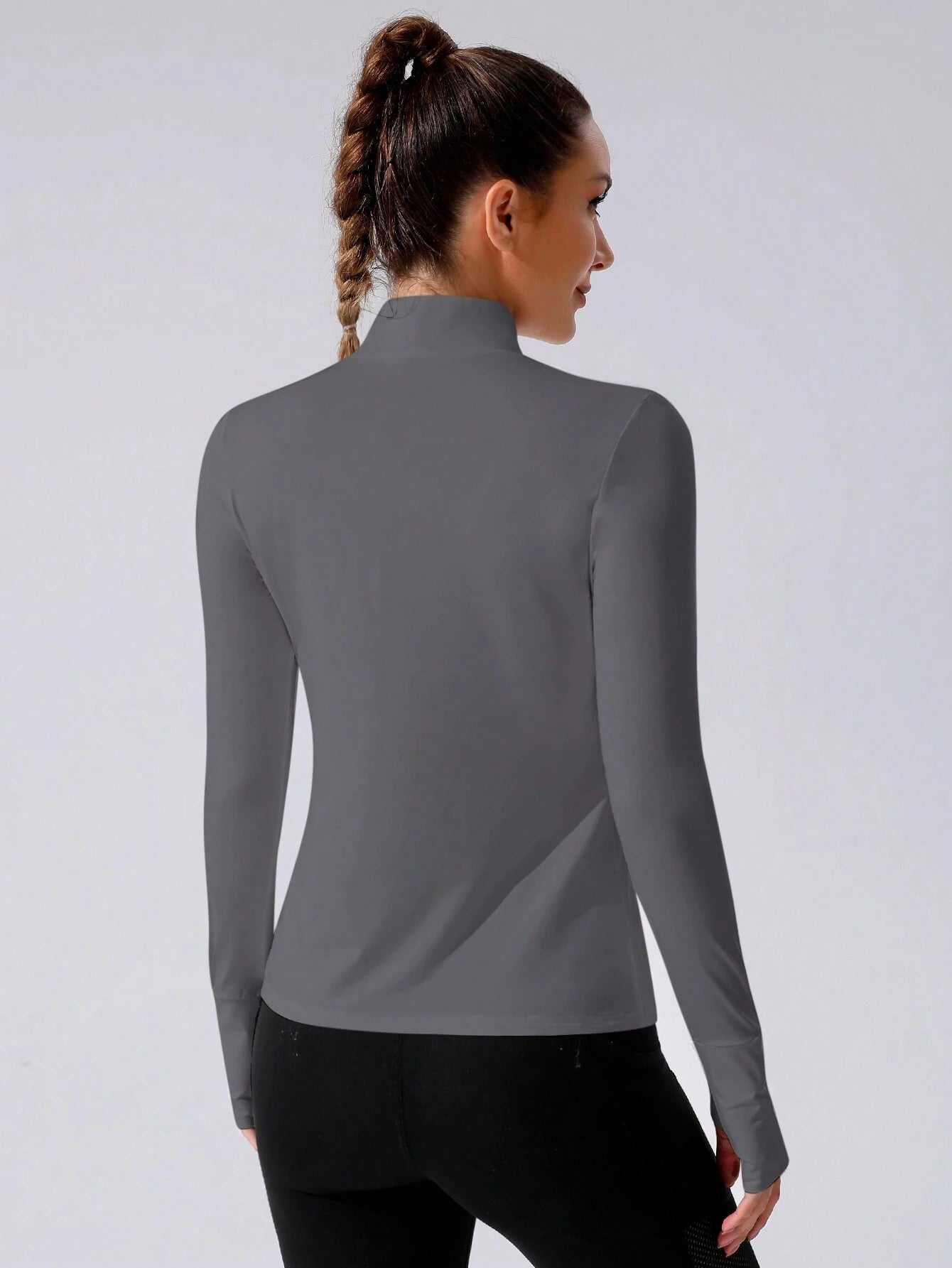 Stand Collar Half Zipper Sports Long Sleeve Running Jacket with Thumbholes