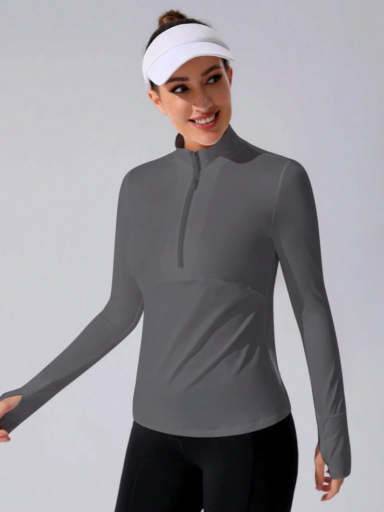 Stand Collar Half Zipper Sports Long Sleeve Running Jacket with Thumbholes