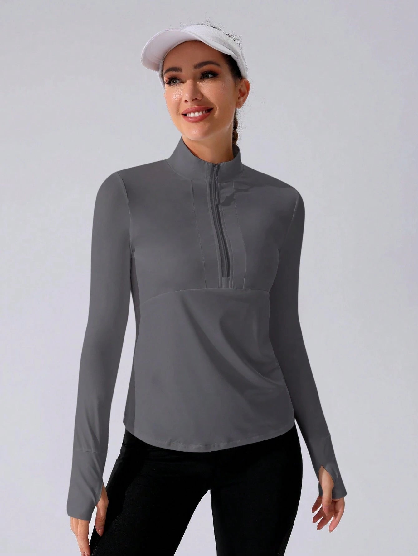 Stand Collar Half Zipper Sports Long Sleeve Running Jacket with Thumbholes