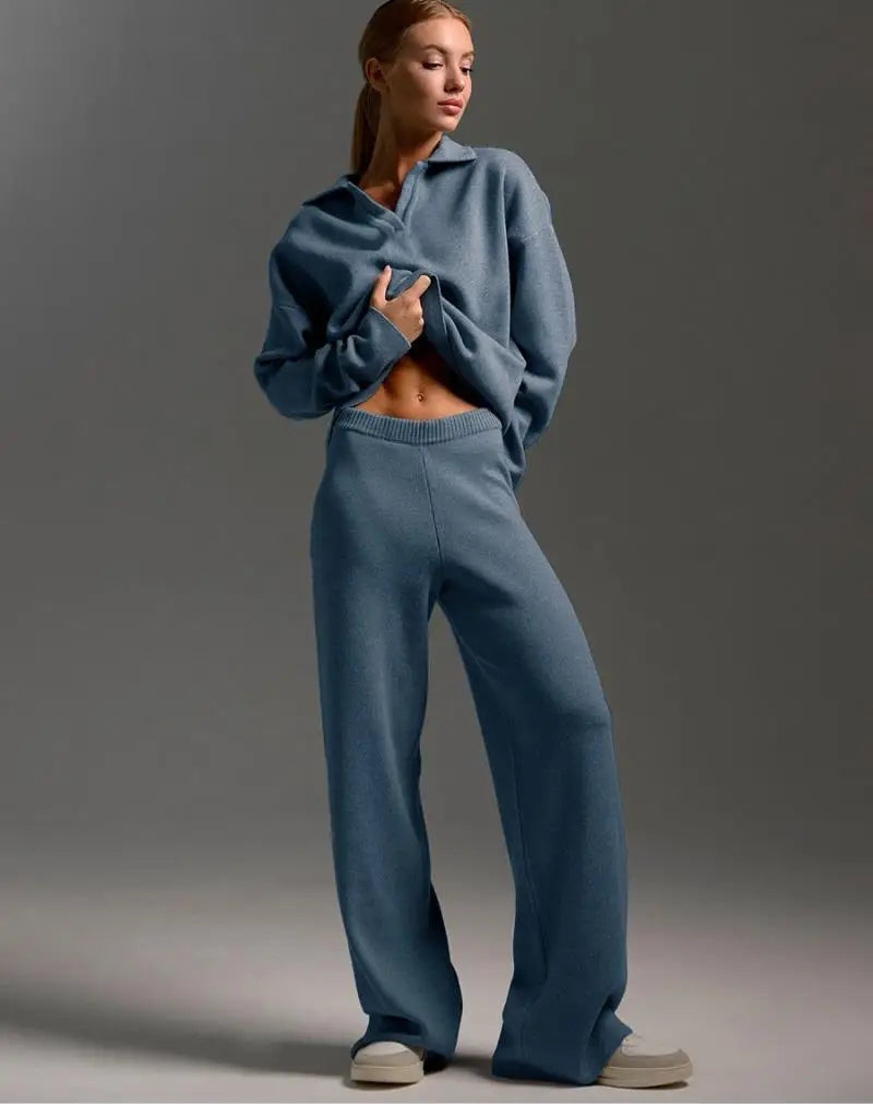 2 Pcs Knitted Polo Neck Sweater & Wide Leg Joggers Set