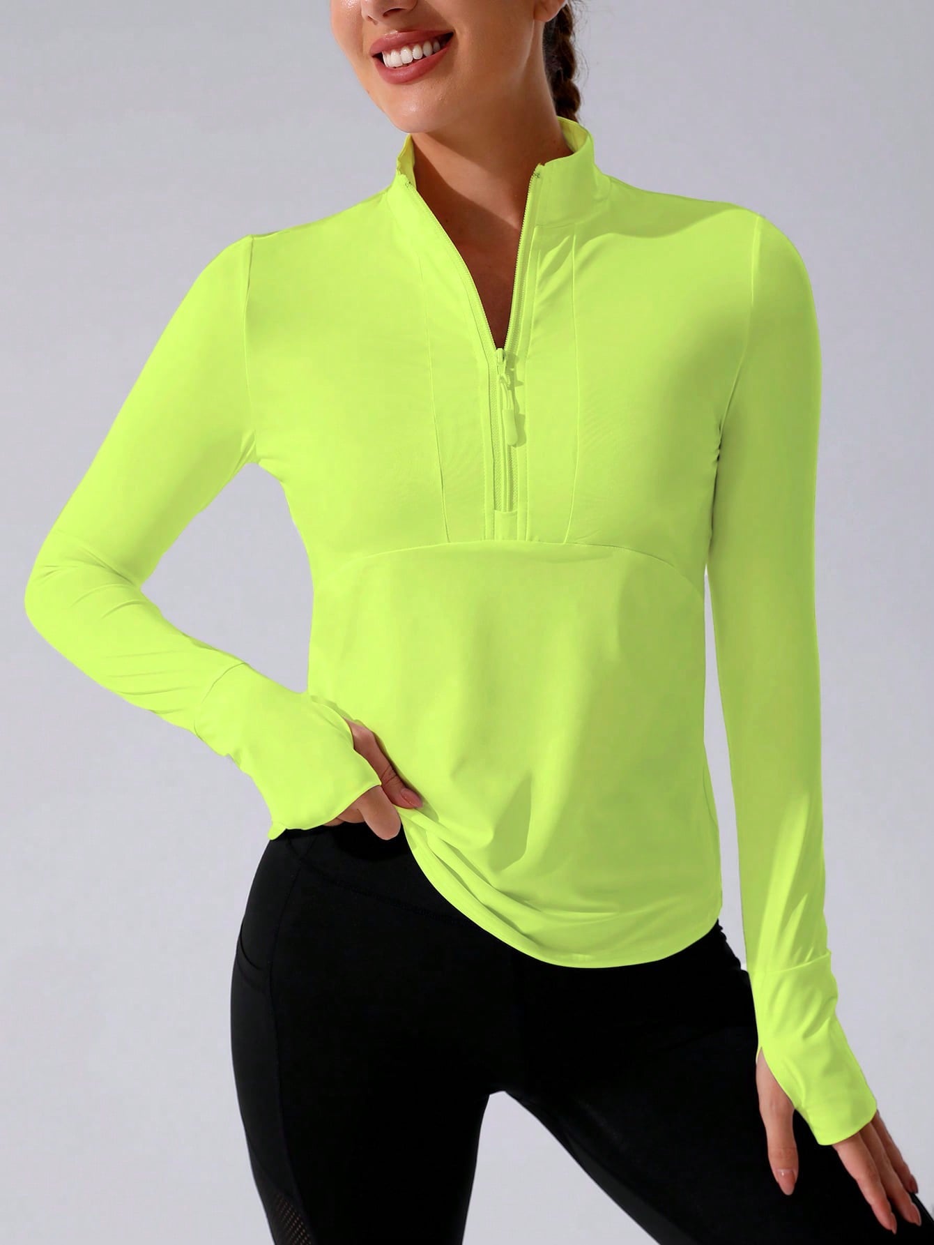 Stand Collar Half Zipper Sports Long Sleeve Running Jacket with Thumbholes