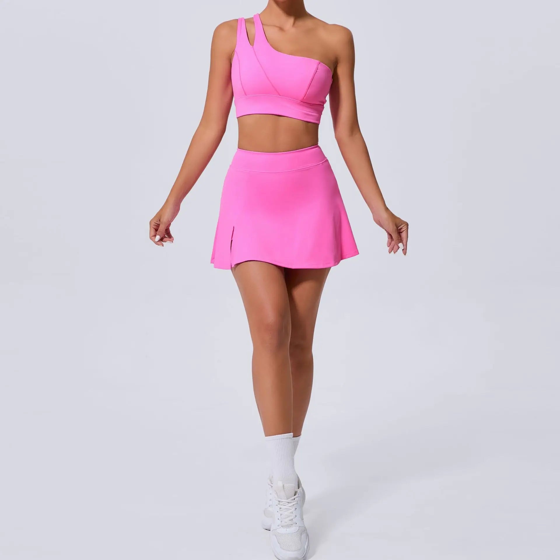Sexy Sleeveless Oblique Single Shoulder Short Dress Sets Women 2 Piece Sports Outfit Gym Fitness Suit Black Tennis Skirt Sets