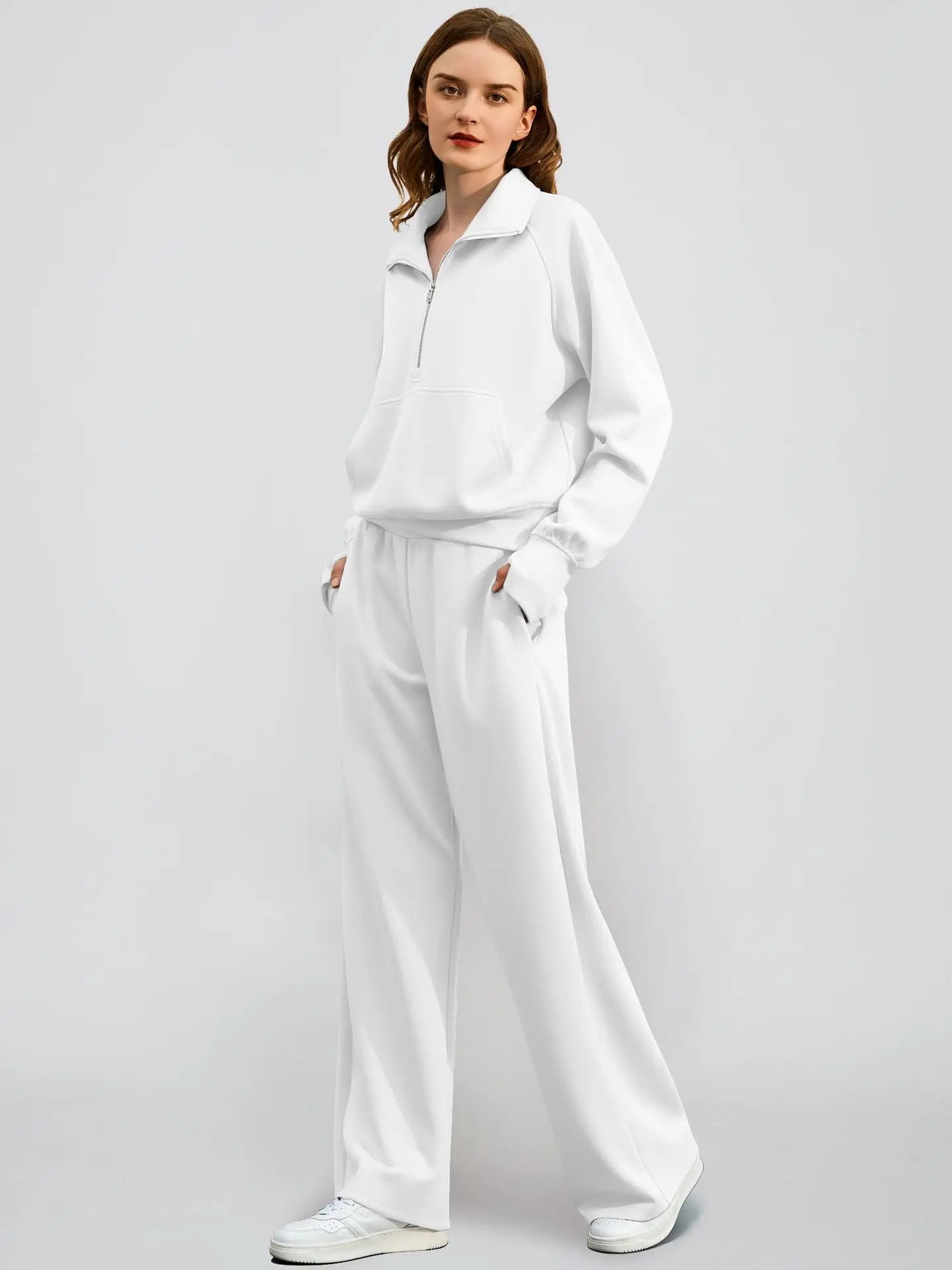 2 Pcs Zip Front High Neck Hoodie & Wide Leg Joggers Set