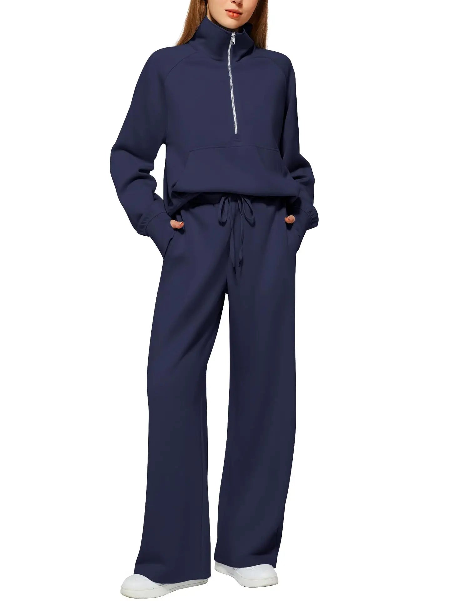2 Pcs Zip Front High Neck Hoodie & Wide Leg Joggers Set