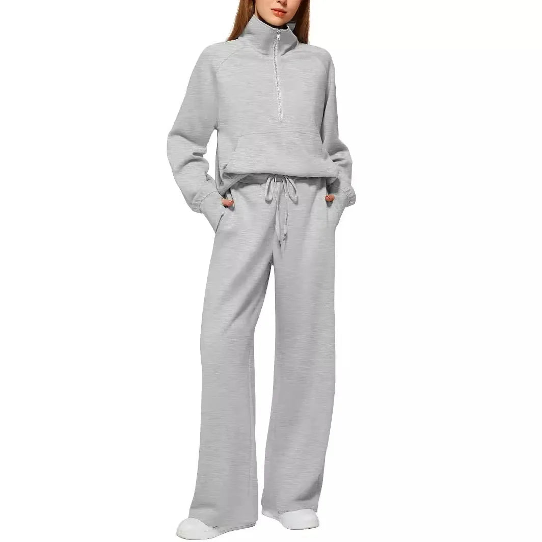 2 Pcs Zip Front High Neck Hoodie & Wide Leg Joggers Set