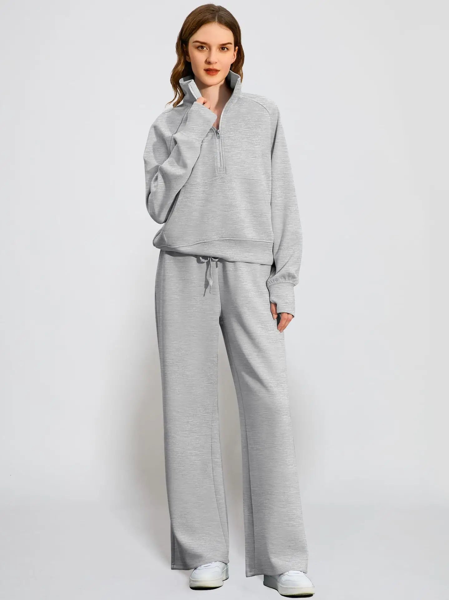 2 Pcs Zip Front High Neck Hoodie & Wide Leg Joggers Set