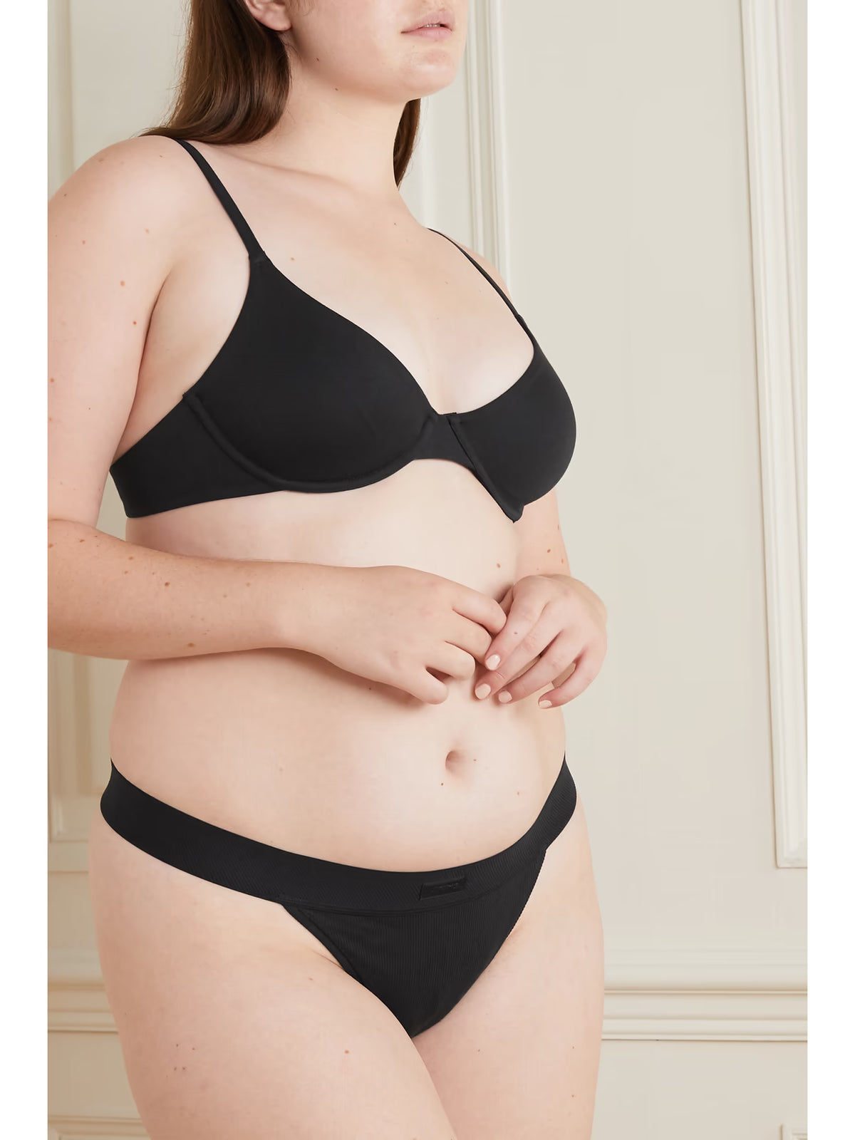 SKIMS - Cotton Collection Ribbed Cotton-blend Jersey Thong - Soot