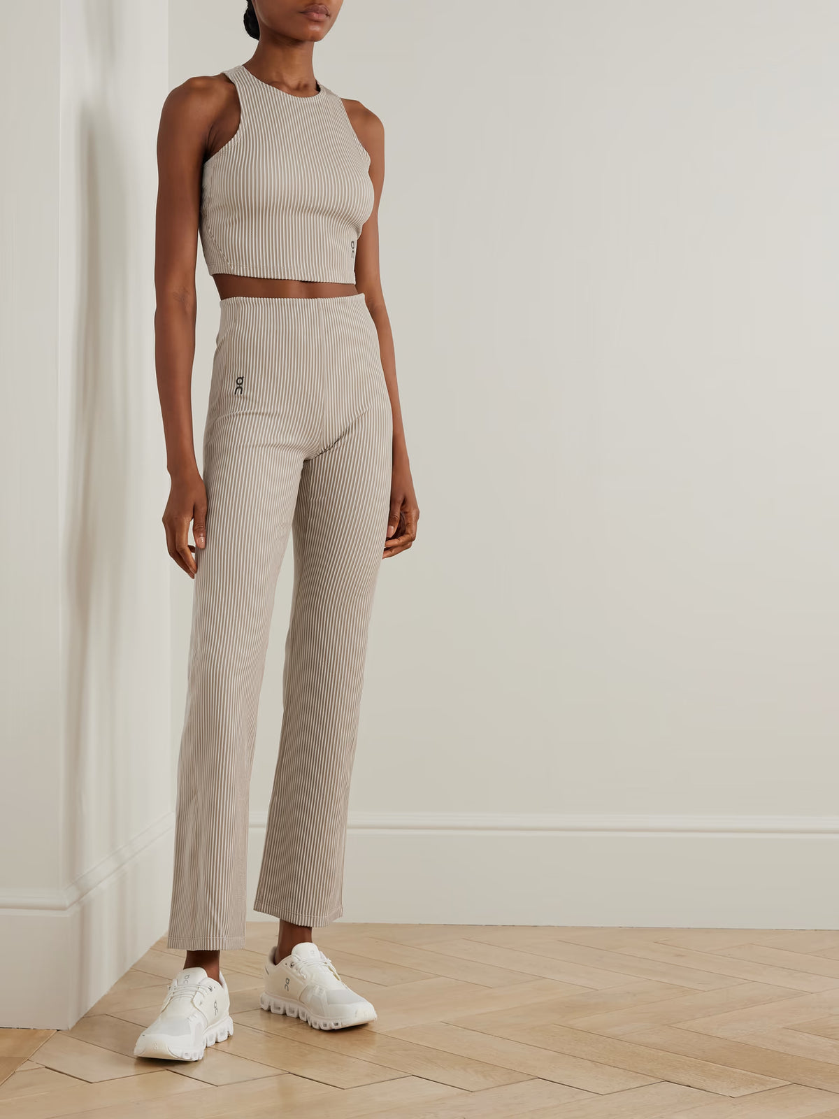 ON - All-day Striped Ribbed Stretch Recycled-jersey Flared Pants - Neutrals