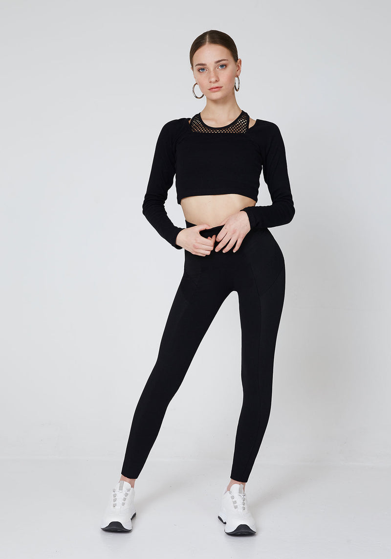 Front Look of Black Waistband Classic Leggings with Seam Panel