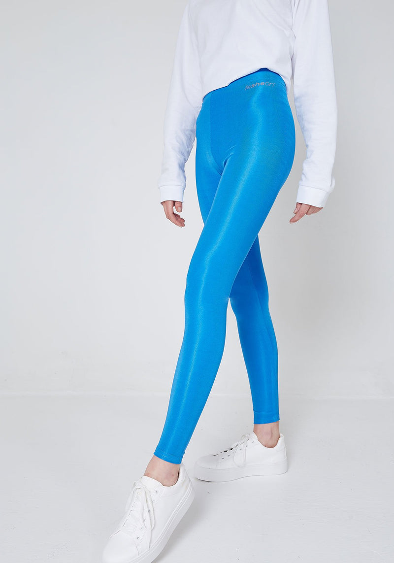 Side Look of Blue Shiny High Waisted Slogan Leggings for Ladies
