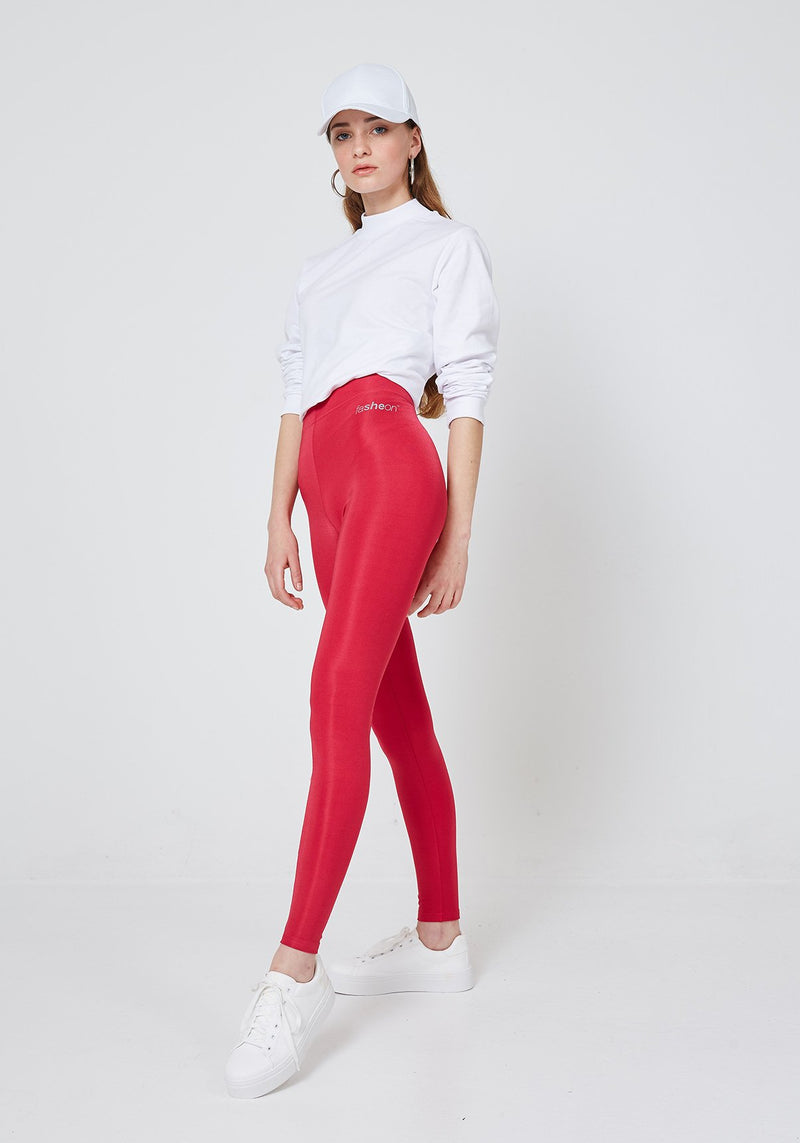 Side Look of Red Shiny High Waisted Slogan Leggings for Women