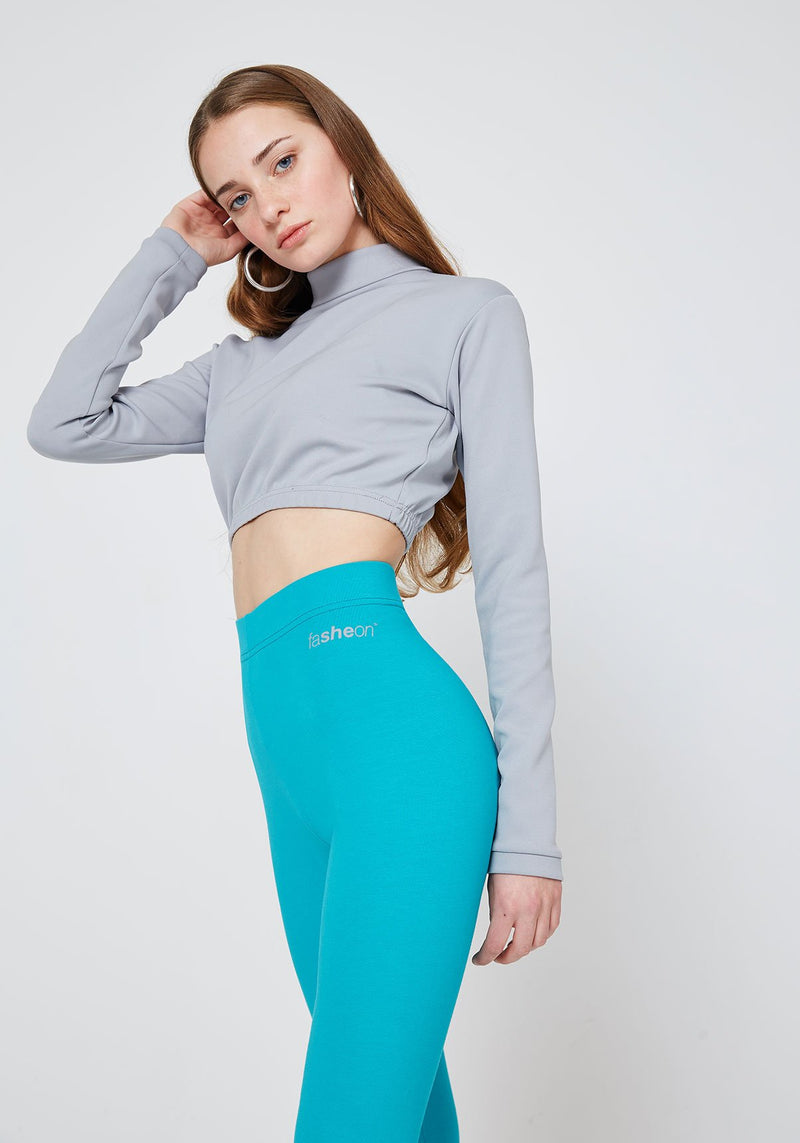 Detail of Blue Classic High Waisted Leggings with Seam Detail