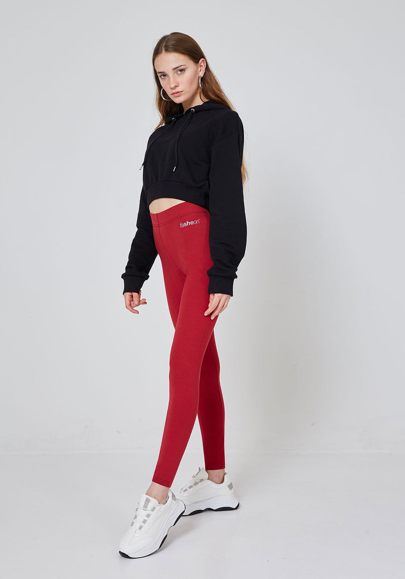 Side Look of Red Classic High Waisted Slogan Leggings