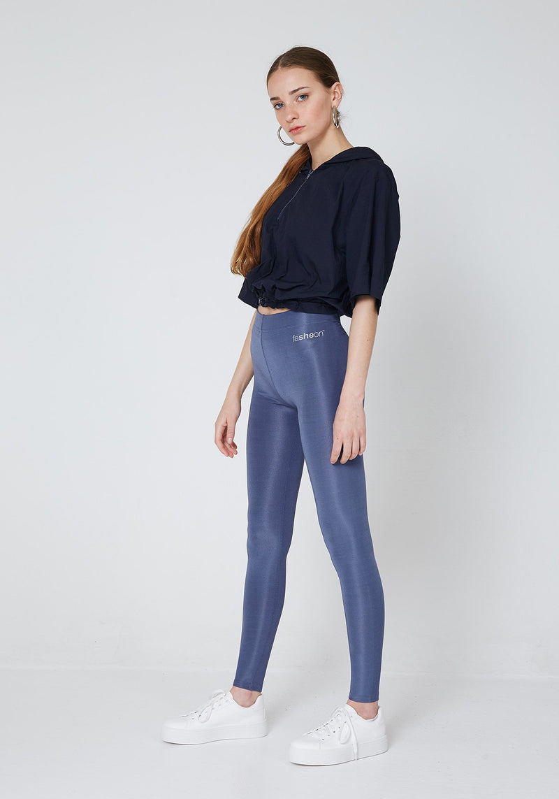 Side Look of Steel Grey Shiny High Waisted Sports Leggings