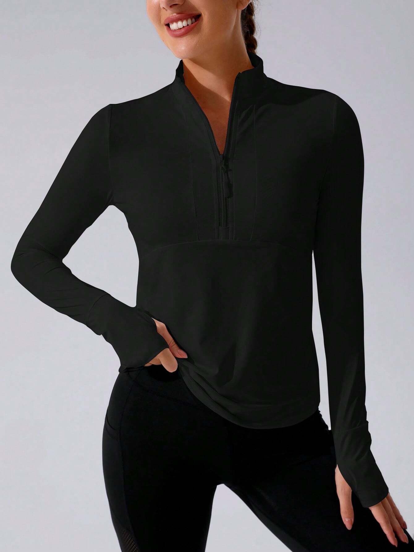 Stand Collar Half Zipper Sports Long Sleeve Running Jacket with Thumbholes