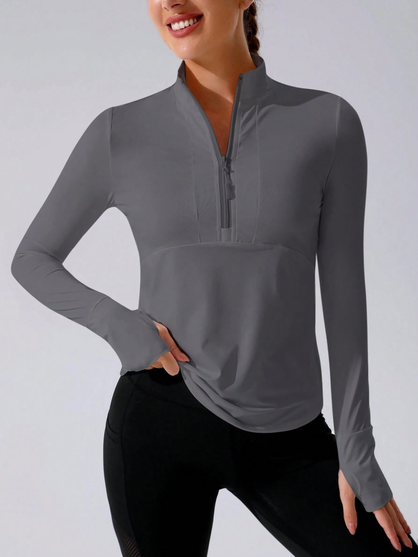 Stand Collar Half Zipper Sports Long Sleeve Running Jacket with Thumbholes