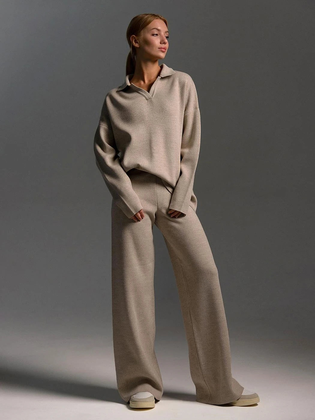 2 Pcs Knitted Polo Neck Sweater & Wide Leg Joggers Set