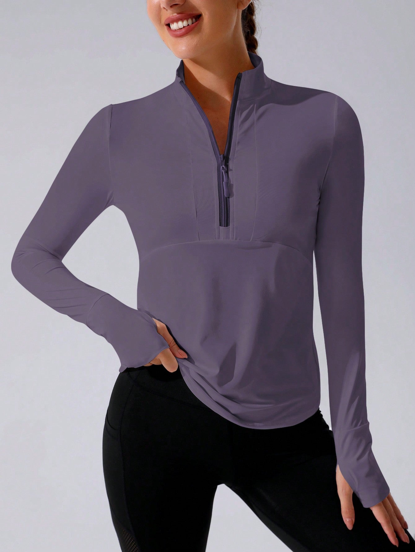 Stand Collar Half Zipper Sports Long Sleeve Running Jacket with Thumbholes