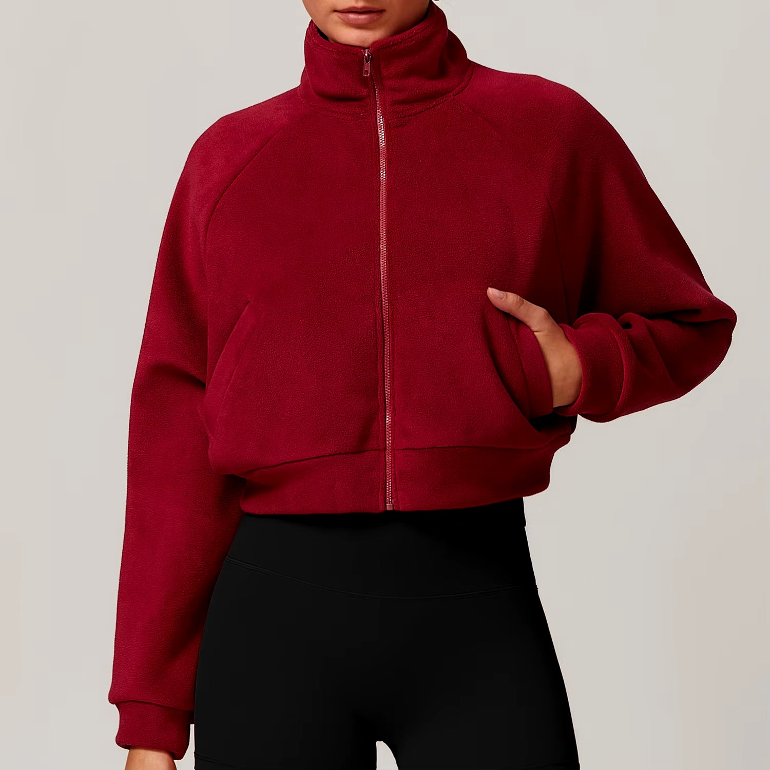 High Neck Zip Front Pocket Long Sleeve Teddy Crop Jacket