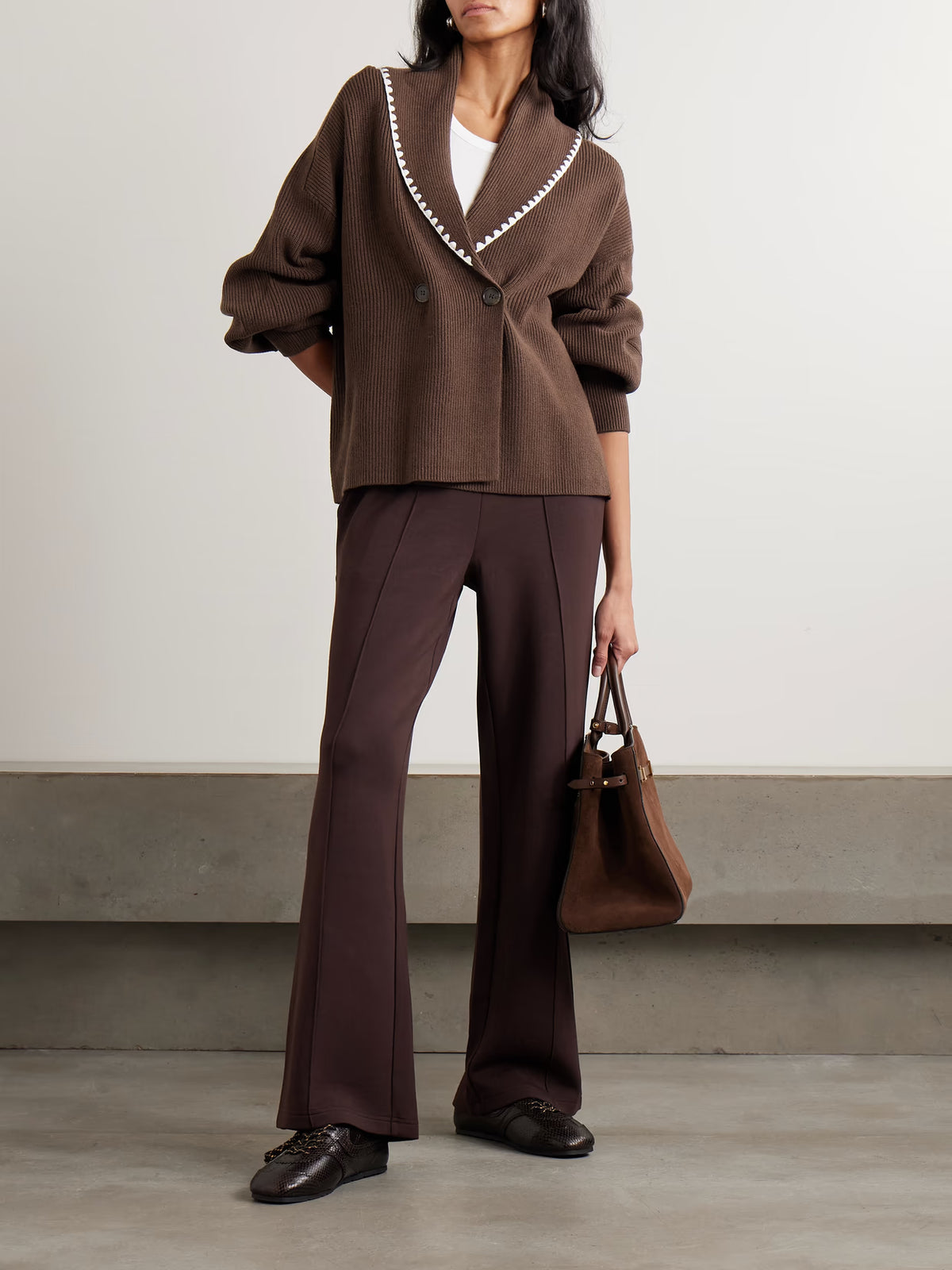 Varley - Totley Embroidered Ribbed-knit Cardigan - Brown
