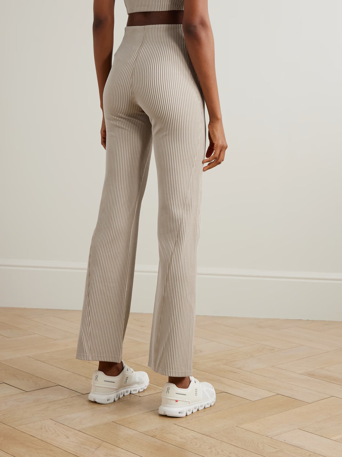 ON - All-day Striped Ribbed Stretch Recycled-jersey Flared Pants - Neutrals