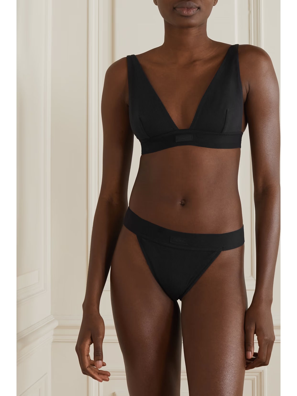 SKIMS - Cotton Collection Ribbed Cotton-blend Jersey Thong - Soot