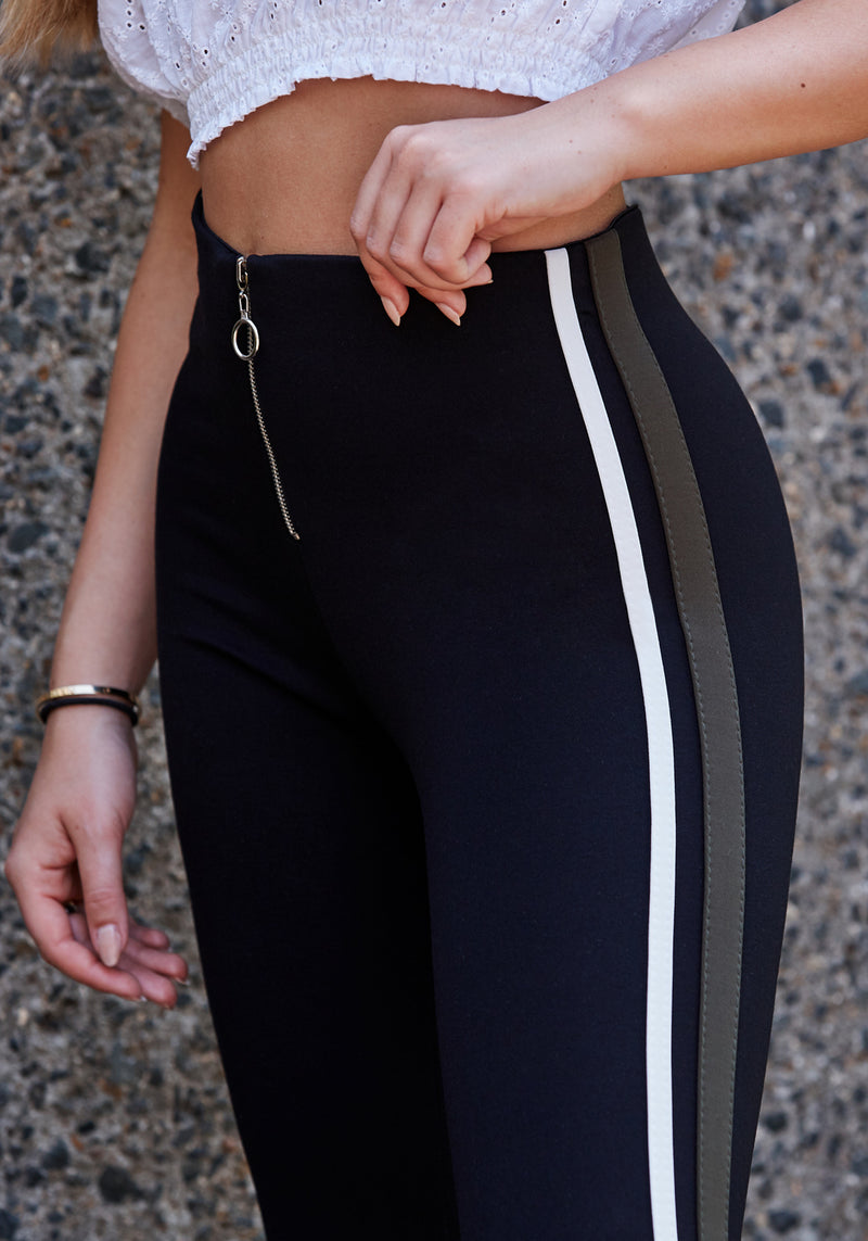 Detail of Black - Khaki Side Stripe High Waisted Leggings for Women
