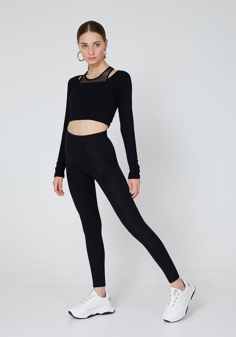 Side Look of Black Waistband Classic Leggings with Seam Panel