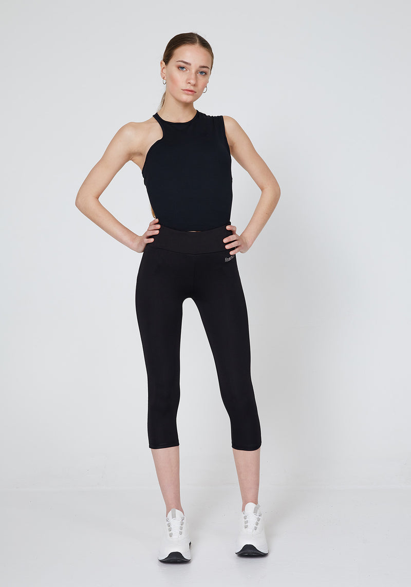 Front Look of Black Slogan Cropped Gym Leggings for Women