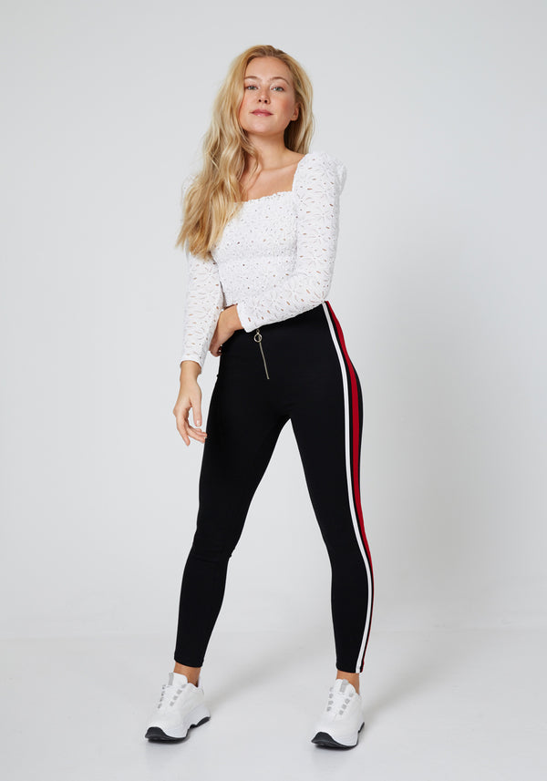 Front Look of Black High Waisted Zip Front Side Stripe Leggings