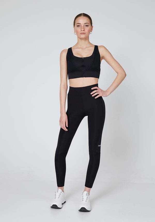 Front Look of Black Slogan Sports Leggings with Seam Detail
