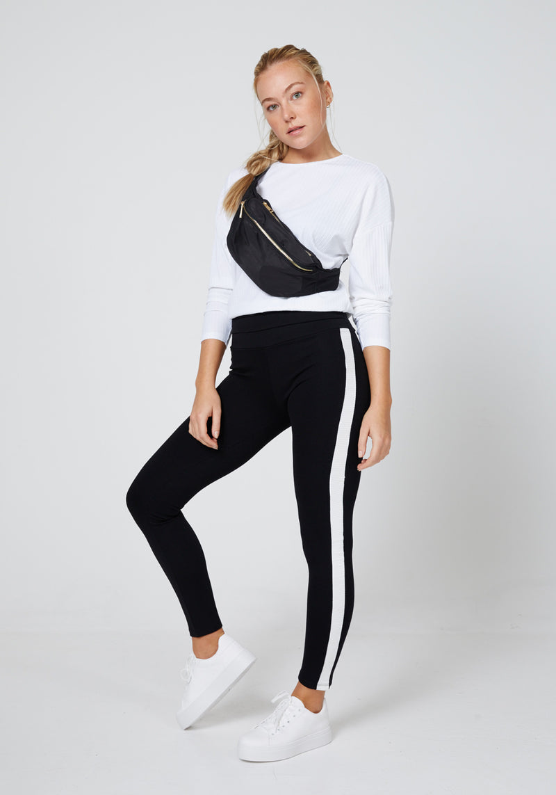 Front Look of Black Striped Side Tape High Waisted Leggings