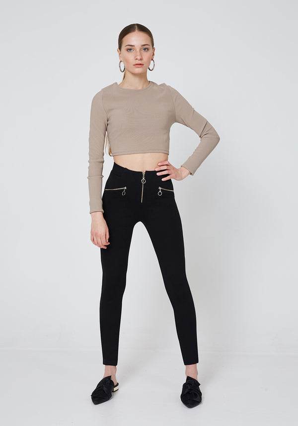 Black Double Side and Front Zip detail High Waisted Leggings for Women - Front Look